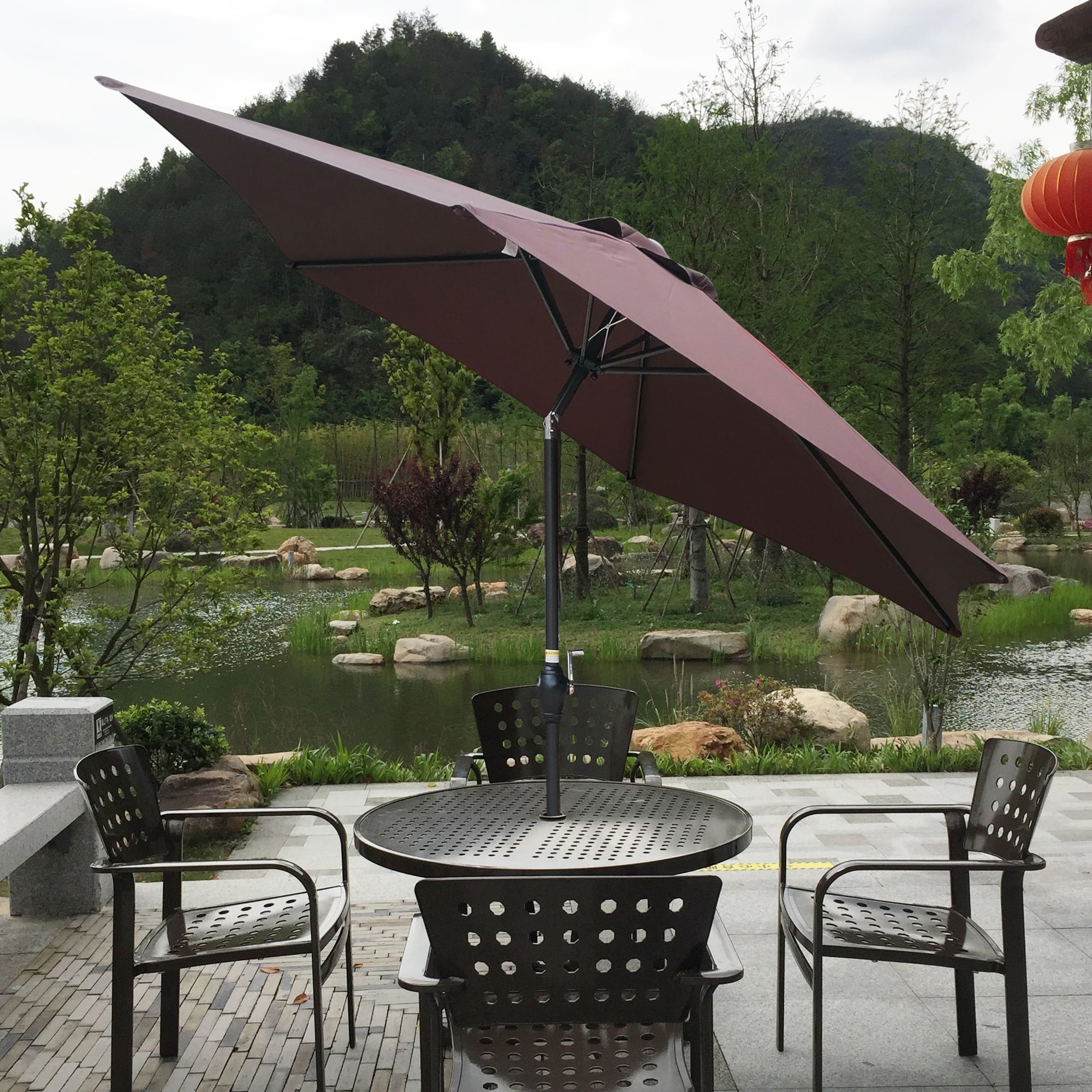 9FT Round Outdoor Market Table Umbrella Patio Umbrella with Push Button Tilt and Crank, 6 Sturdy Ribs for Garden Lawn Backyard Pool, Base Not Included - Coffee