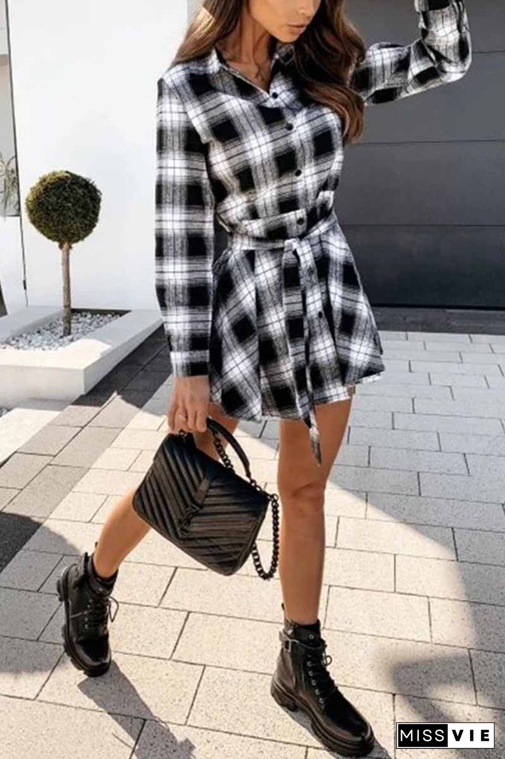 Long Sleeve Plaid Shirt Mini Dress