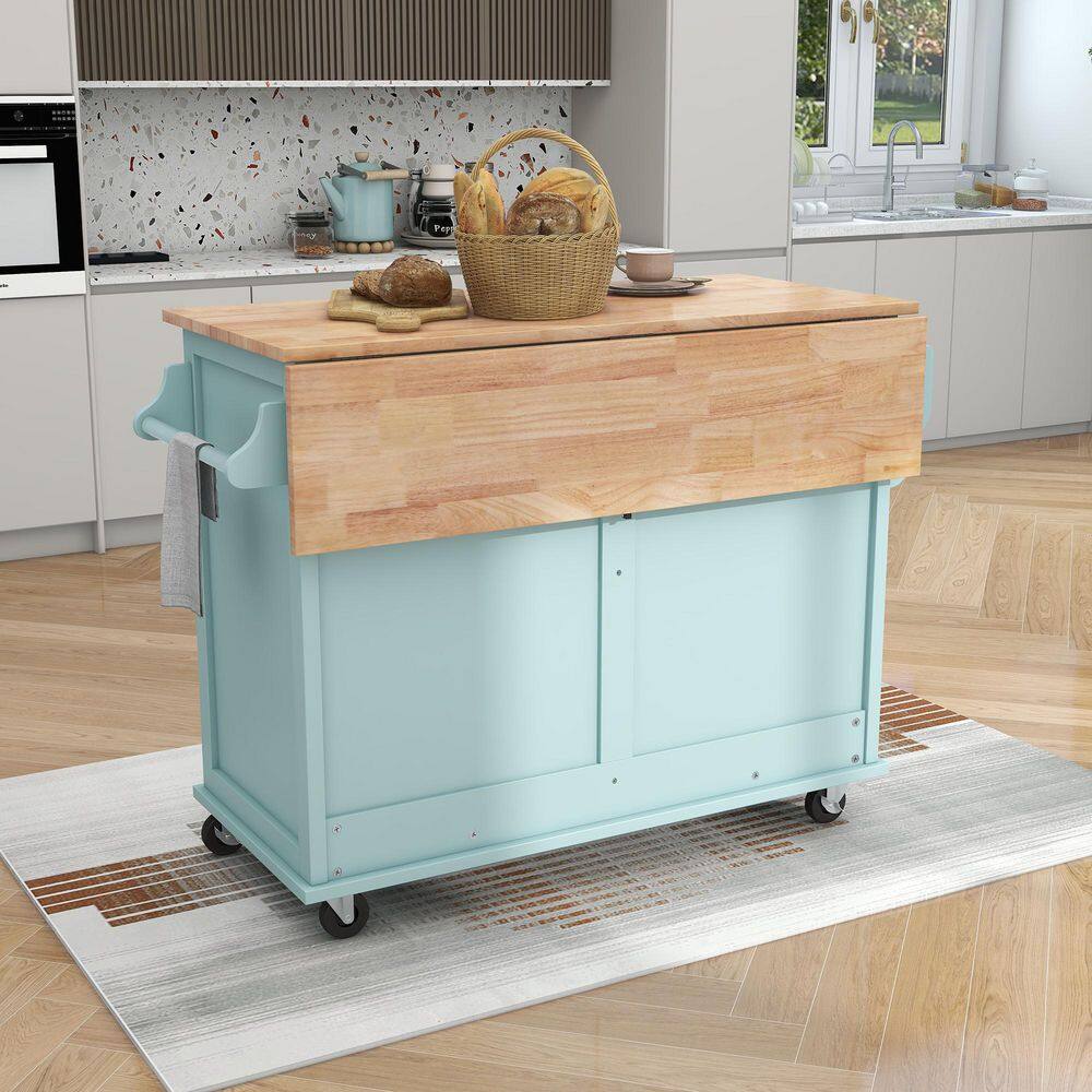 52 in. Mint Green Kitchen Cart Island with Rubber wood Drop-Leaf Countertop for Kitchen Dining Room Bathroom LH-360