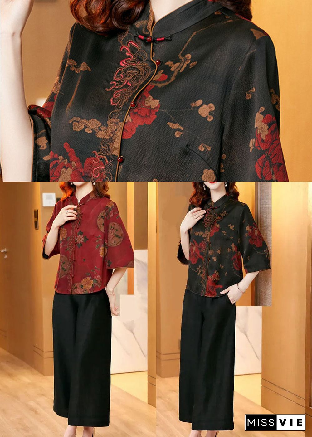 Red Oriental Silk Shirt And Wide Leg Pants Two Piece Set Button Summer