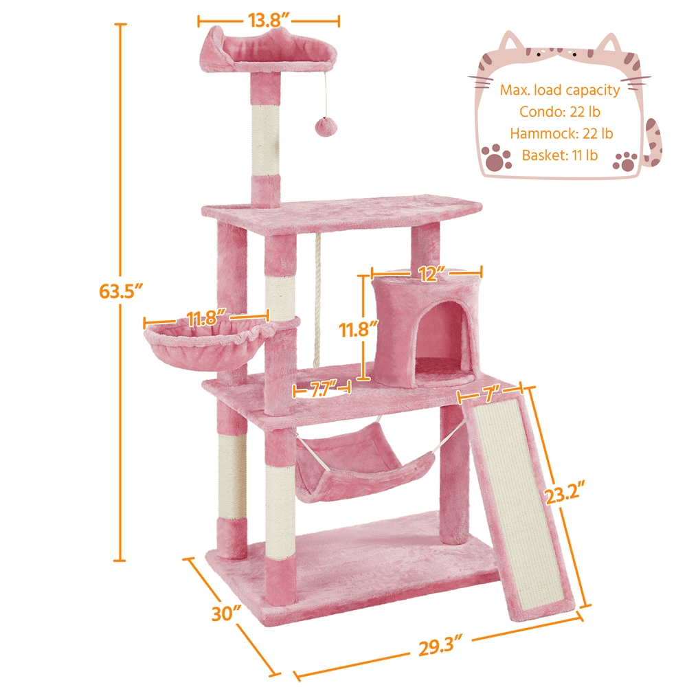 SMILE MART 63.5″H Multi Level Cat Tree Condo with Basket & Hammock & Scratching Post for Small/Medium Cats, Pink