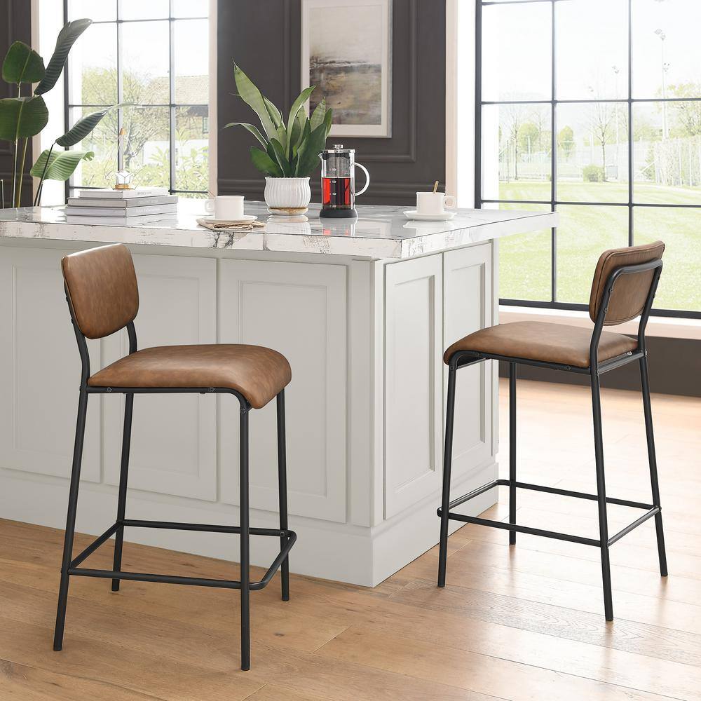 34.50 in. Brown Low Back Metal Bar Stools Dining Chair Counter Stools with Footrest and Faux Leather Seat (Set of 2) HY02010Y