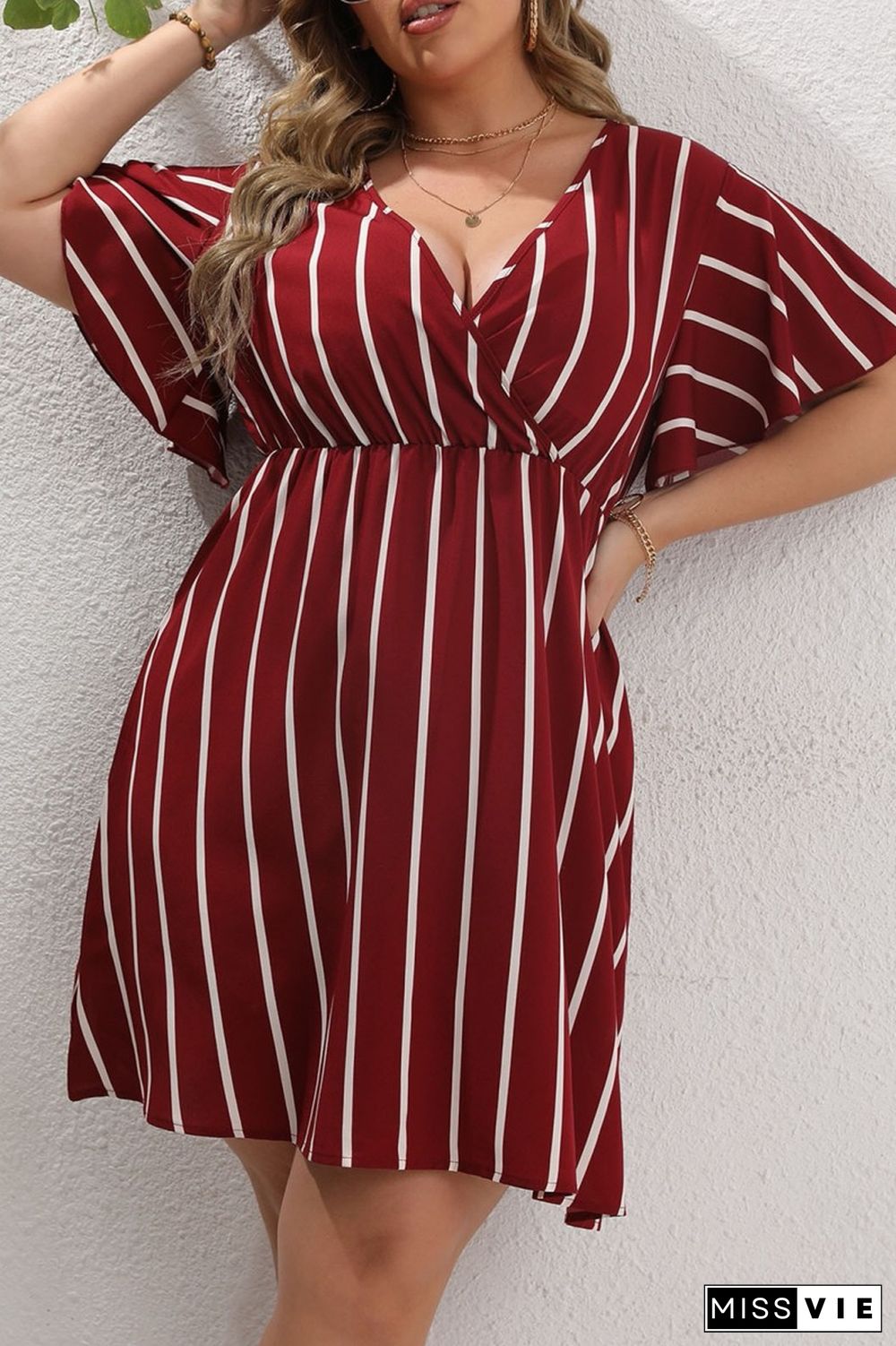 Black Casual Striped Print Patchwork V Neck Short Sleeve Dress Plus Size Dresses