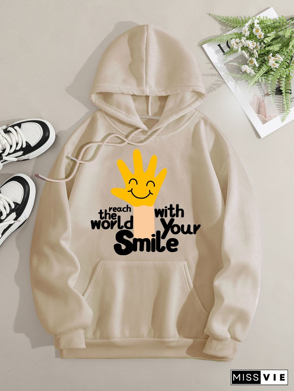 Printed on front Kangaroo Pocket Hoodie Long Sleeve for Women Pattern Touch the World with Your Smile