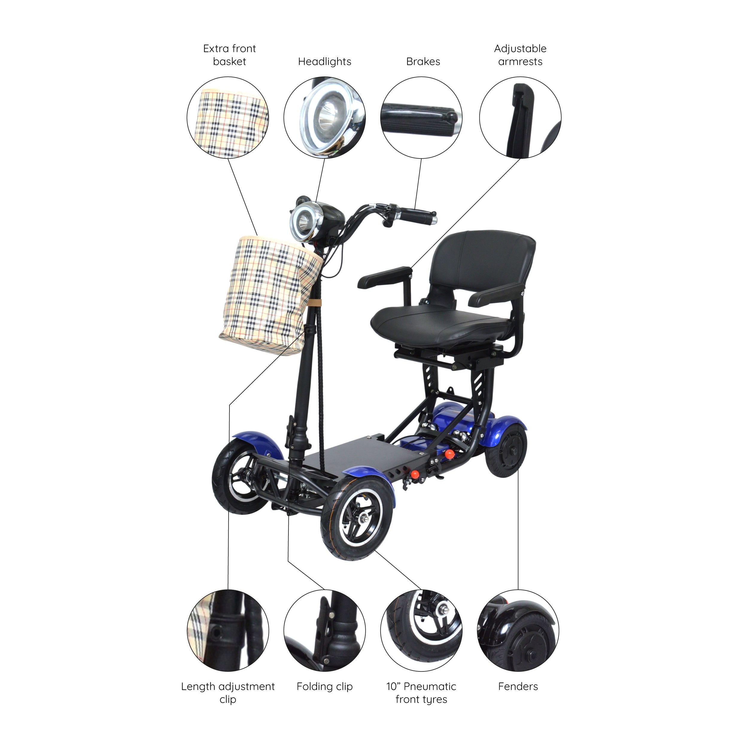 Smart Lightweight Electric Mobility Scooter, Easy Travel Wide Seat - Blue