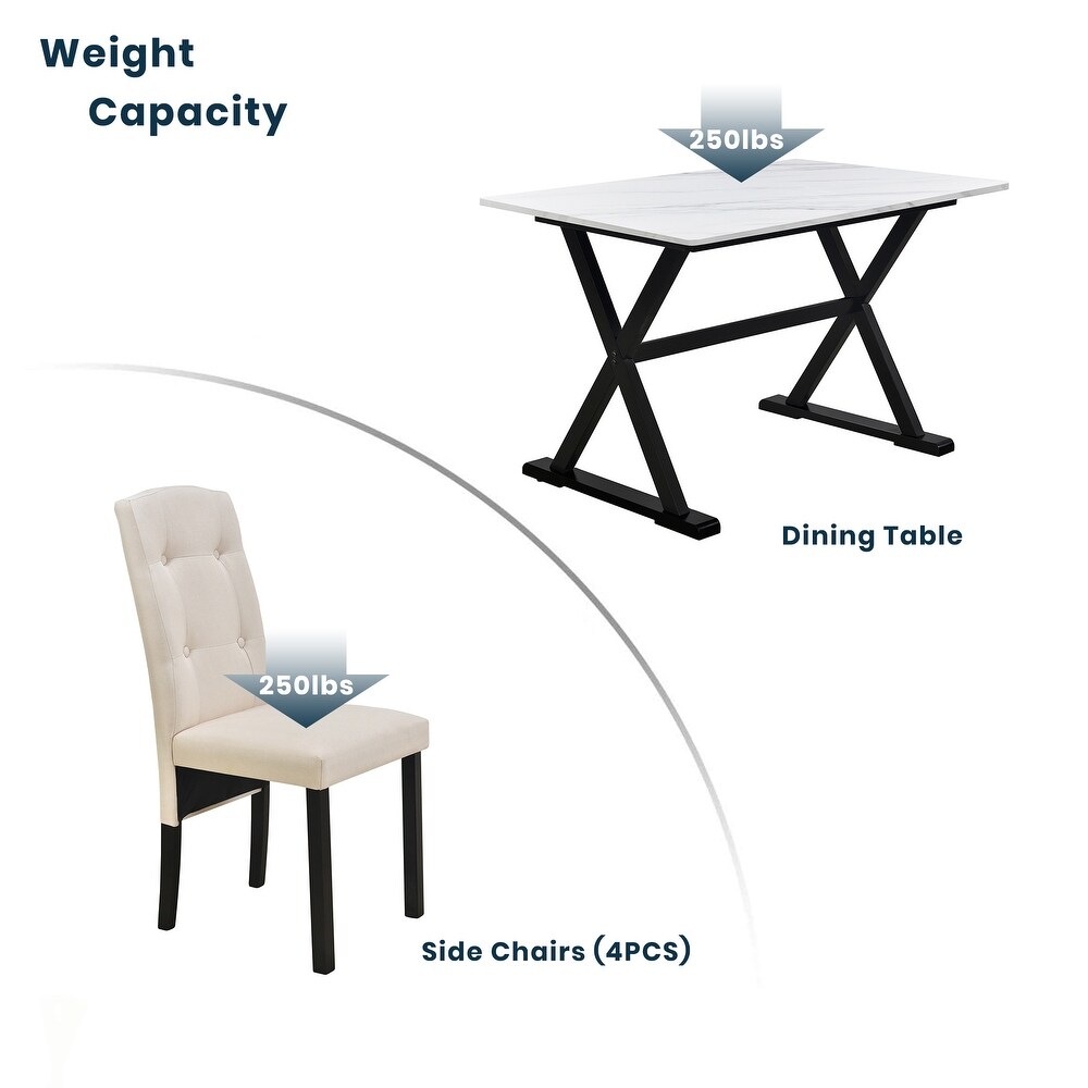 Mid Century 5 Piece Wood Dining Table Set with Marble Tabletop and Ergonomic Upholstered Dining Chairs  for Dining Room