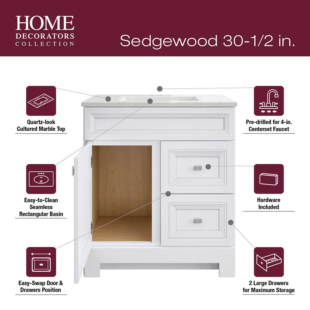 Home Decorators Collection Sedgewood 30.5 in. W x 18.8 in. D x 34.4 in. H Freestanding Bath Vanity in White with Arctic Solid Surface Top PPLNKWHT30D