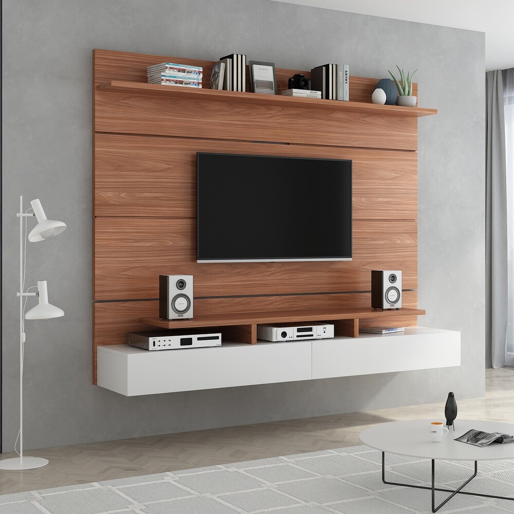 Wall Mounted Floating 80'' Relief TV Stand  Modern Entertainment Center with 2 Drop Down Doors and Multi Purpose Cabinet