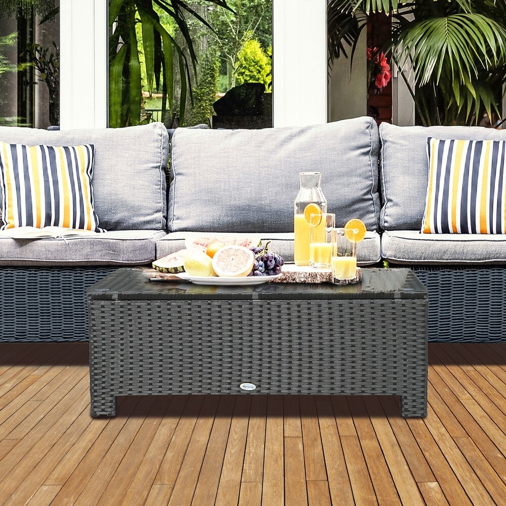 Outsunny Patio Coffee Table  Large Side Table  Hand Woven PE Rattan  Weather Resistant Wicker  Outdoor Furniture