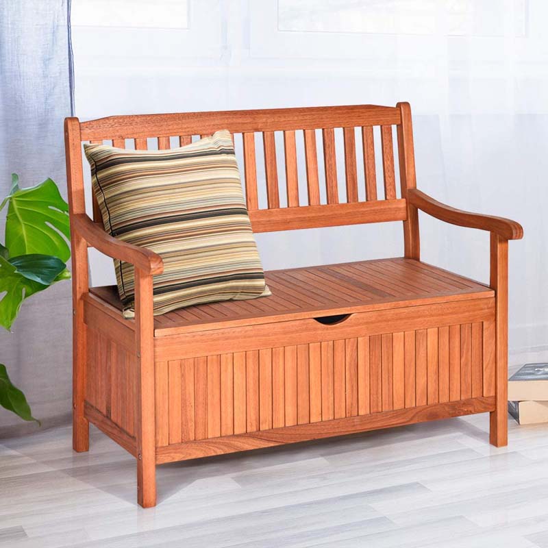 42 Wooden Patio Storage Bench Outdoor Storage Deck Box with Waterproof Inner Bag