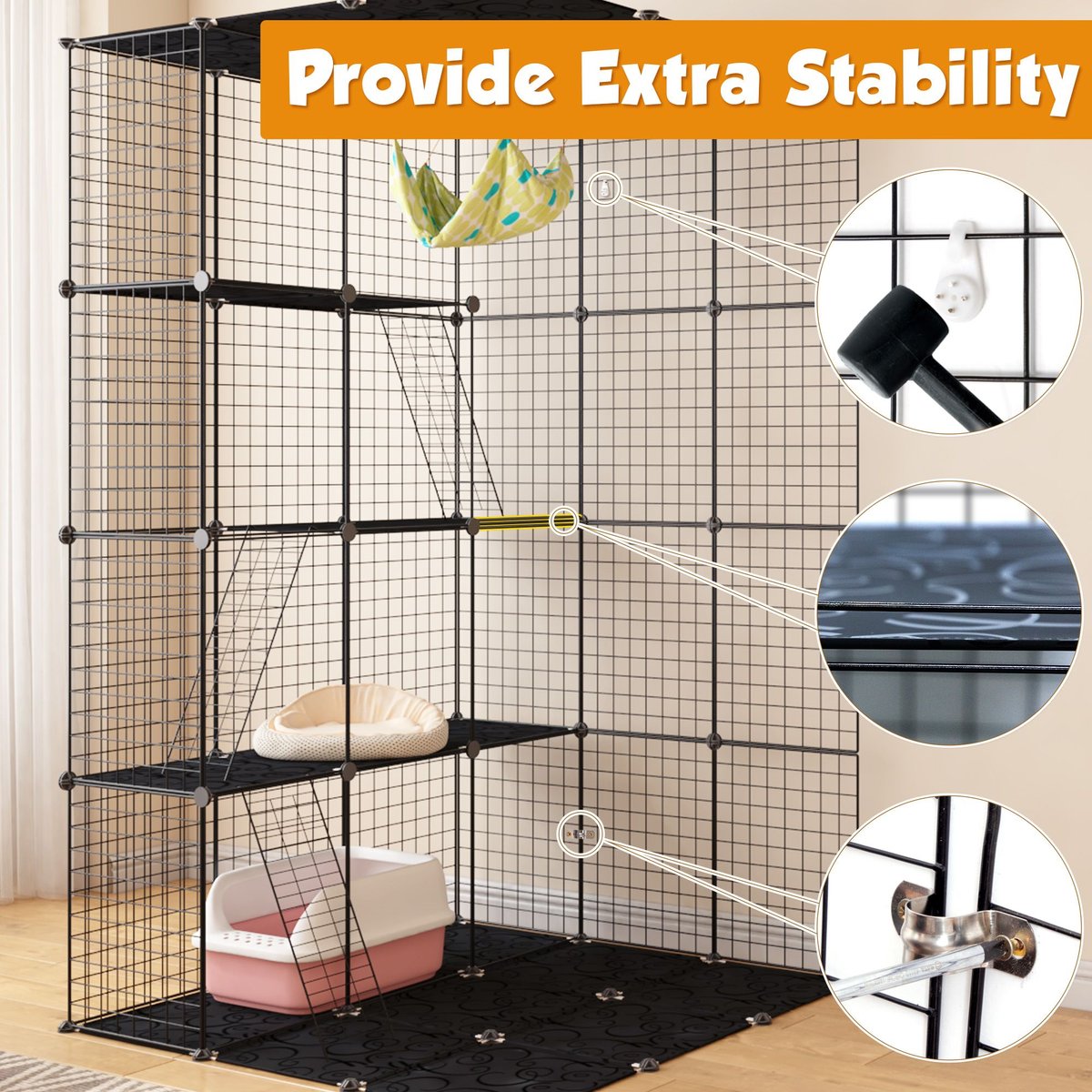 Coziwow 3-Tier 4-Door Cat Cage Playpen， Black， Large