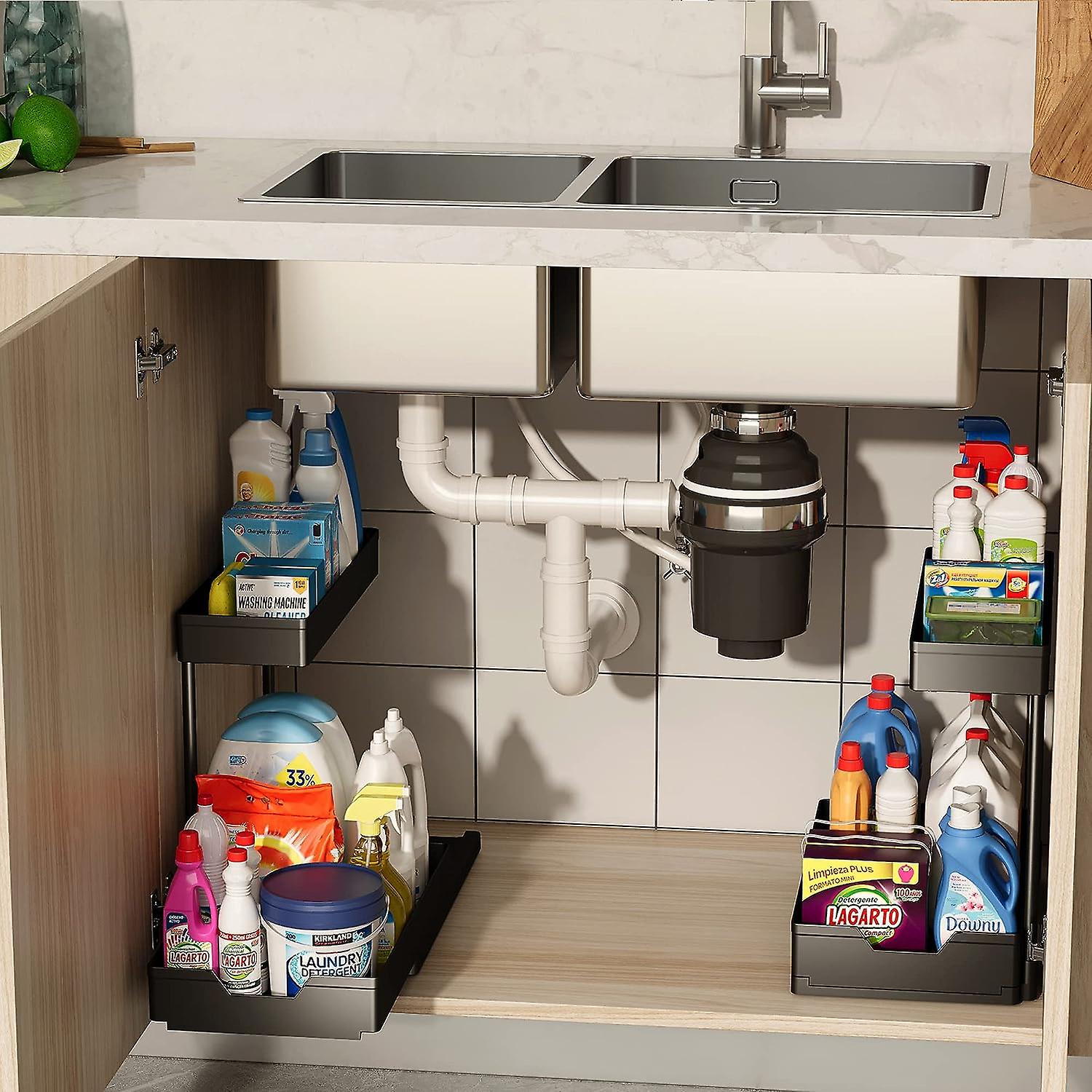 Under Sink Organizers And Storage 2 Packs， 2 Tier Pull Out Cabinet Organizer L-shaped， Sliding Under Bathroom Kitchen Sink Shelf， Multi-purpose Organi