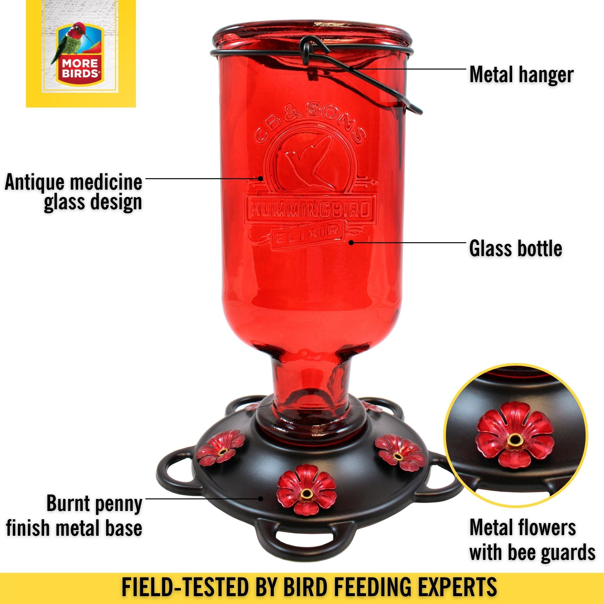 More Birds Elixir Glass Bottle Hummingbird Feeder， 13 oz Nectar Capacity