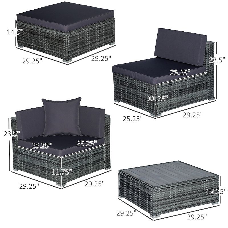 Outsunny 6-Piece Patio Furniture Sets Outdoor Sectional Sofa Set PE Rattan Conversation Sets with Corner Sofa， Middle Sofa， and Acacia Wood Top Coffee Table， Grey