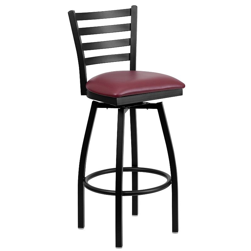 Emma and Oliver Black Metal Ladder Back Swivel Barstool， Cherry Wood Seat