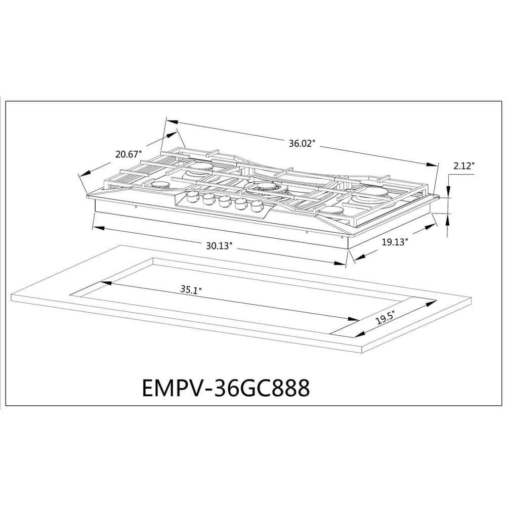 Empava Builtin 36 in Gas Cooktop in Stainless Steel 5 Sealed Burners Cook Tops