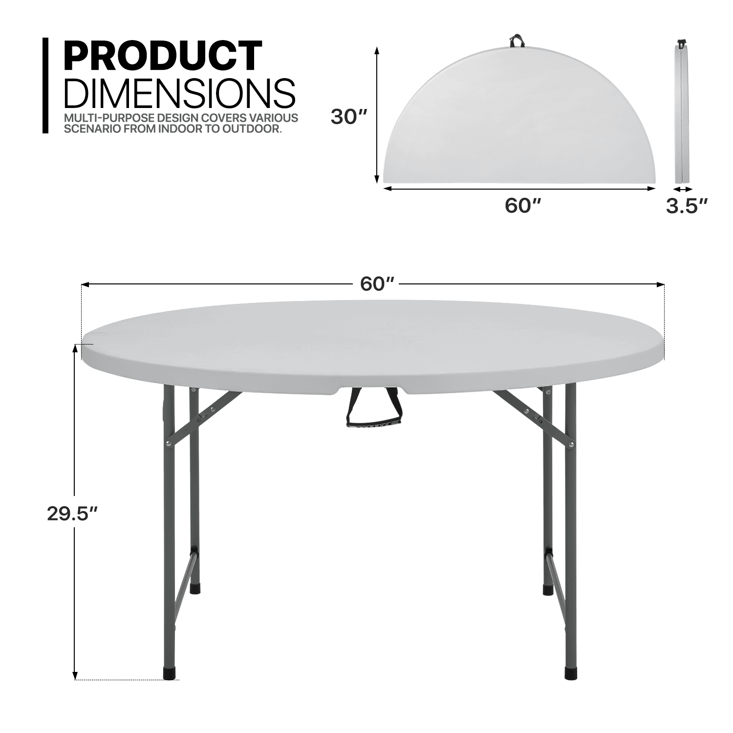 MoNiBloom 5 foot Round Bi-Fold Plastic Table， Metal Frame Indoor Outdoor 60 Inch Foldable Desk for Kitchen Party Wedding， Grey