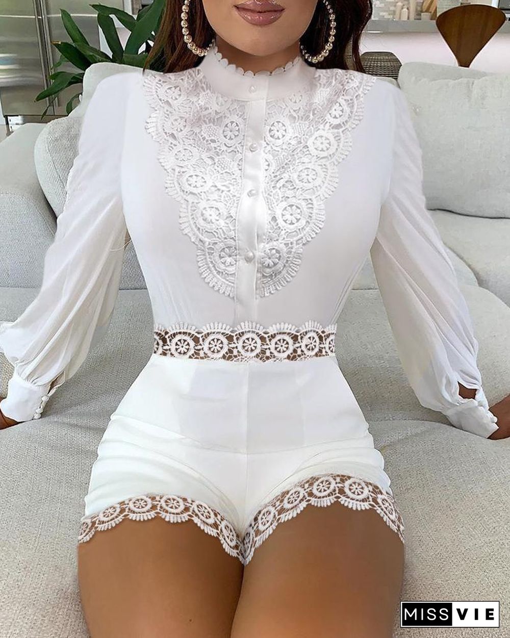 Lace Long Sleeve Hollow-out Shirt Romper