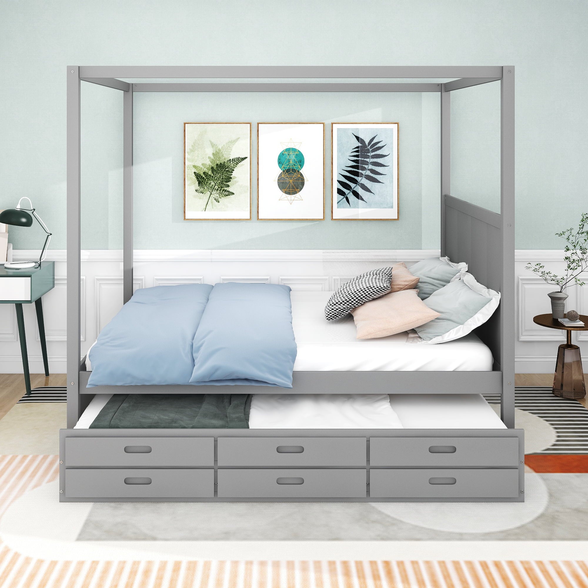 EUROCO Queen Size Canopy Platform Bed with Trundle and Drawers, Gray