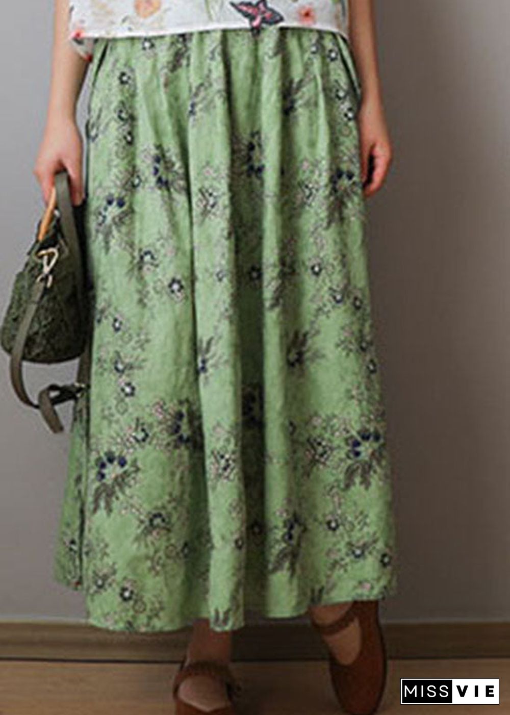 Organic Green elastic waist print Cotton Skirts Spring