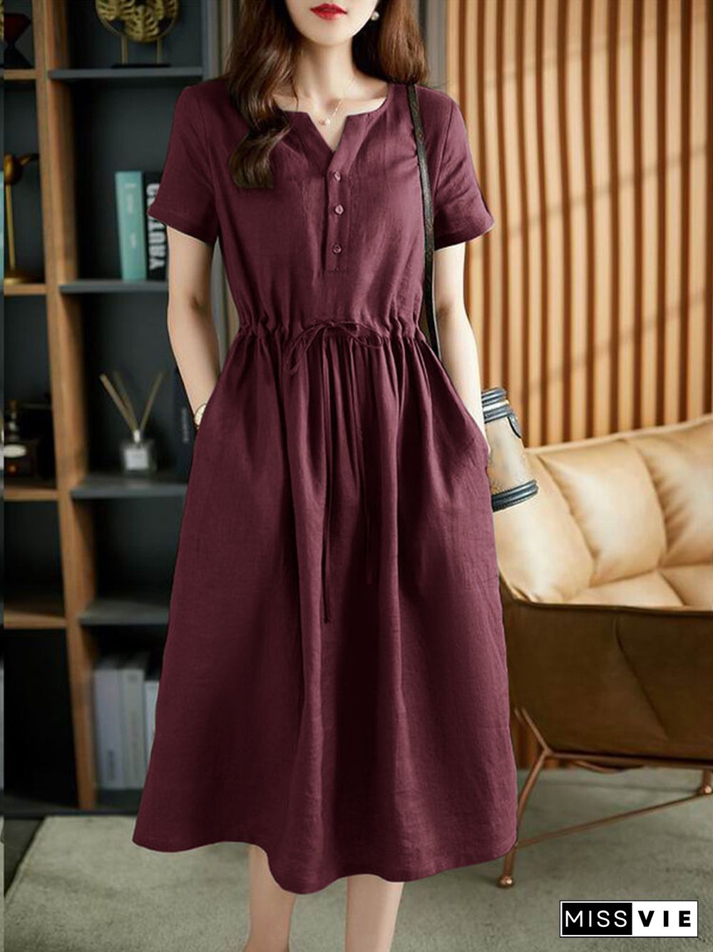 Solid Pocket Drawstring Waist Button Short Sleeve Dress