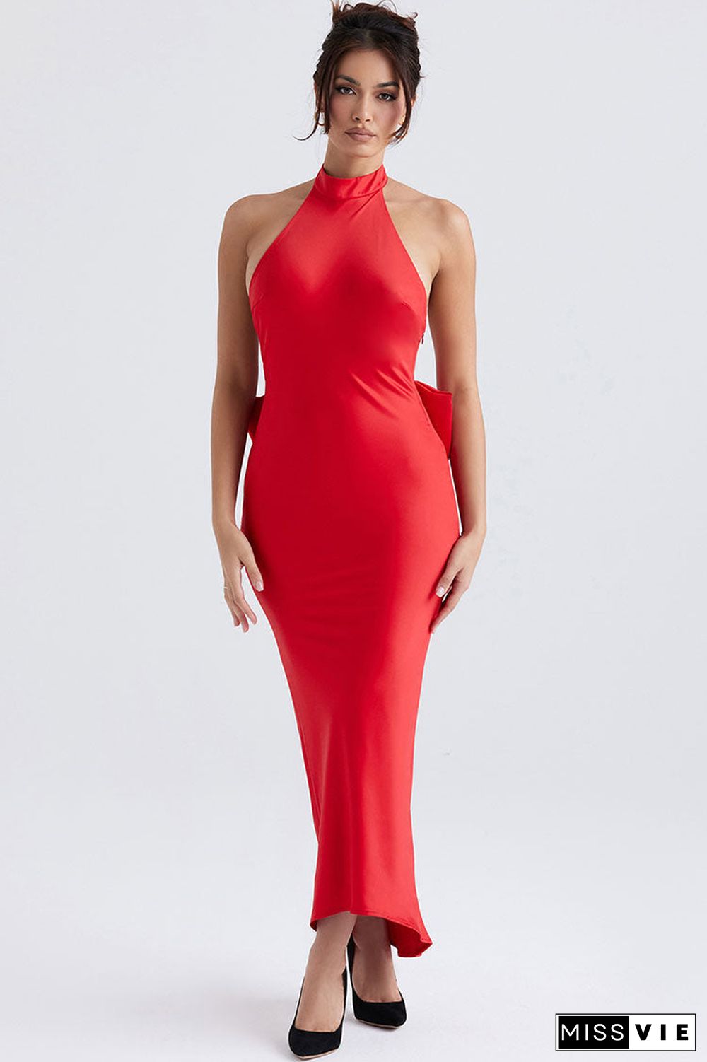 Holiday Oversized Bowknot Backless Halter Satin Evening Maxi Dress - Red