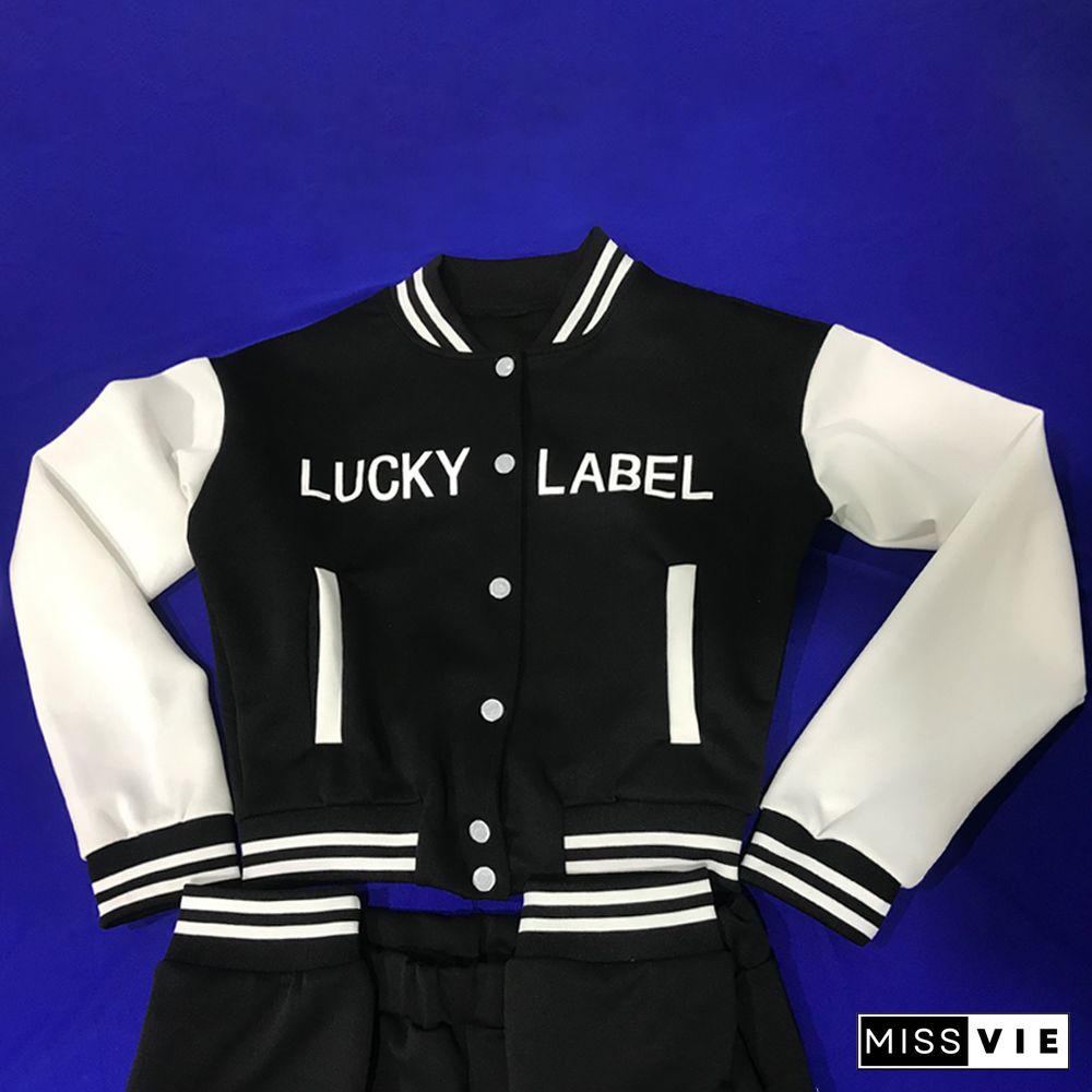 Letter Print Baseball Jacket Sporty Pants Set