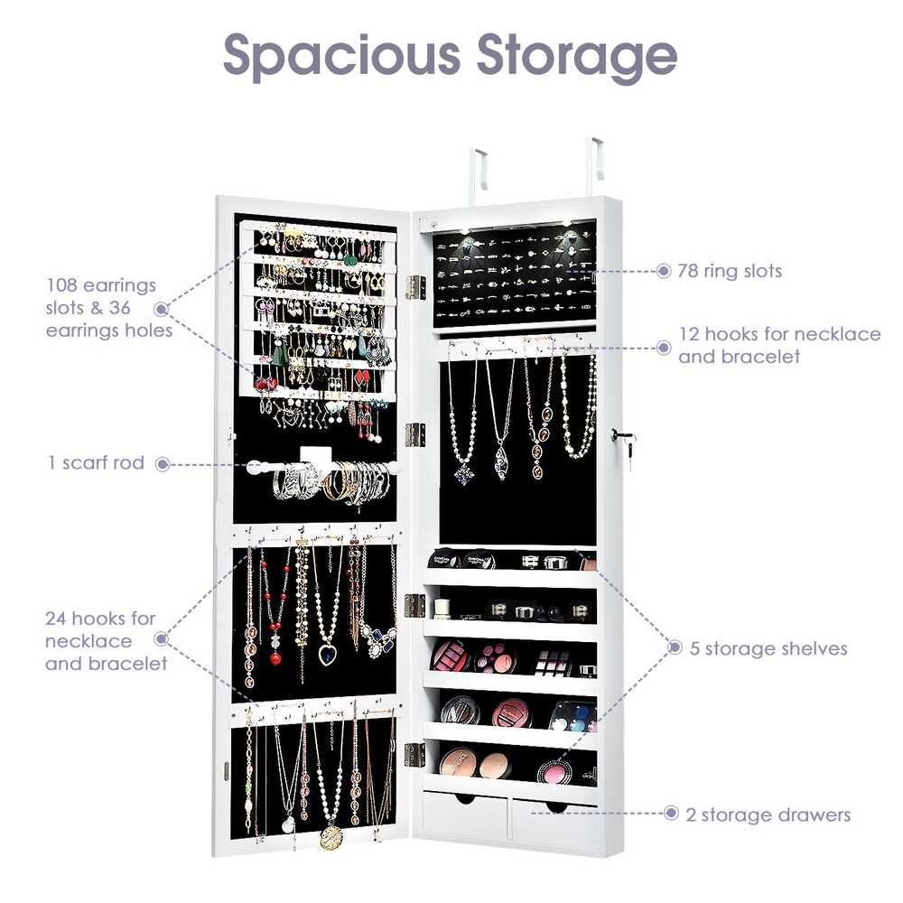 Costway Wall Mount Mirrored Jewelry Cabinet Organizer w/LED Lights