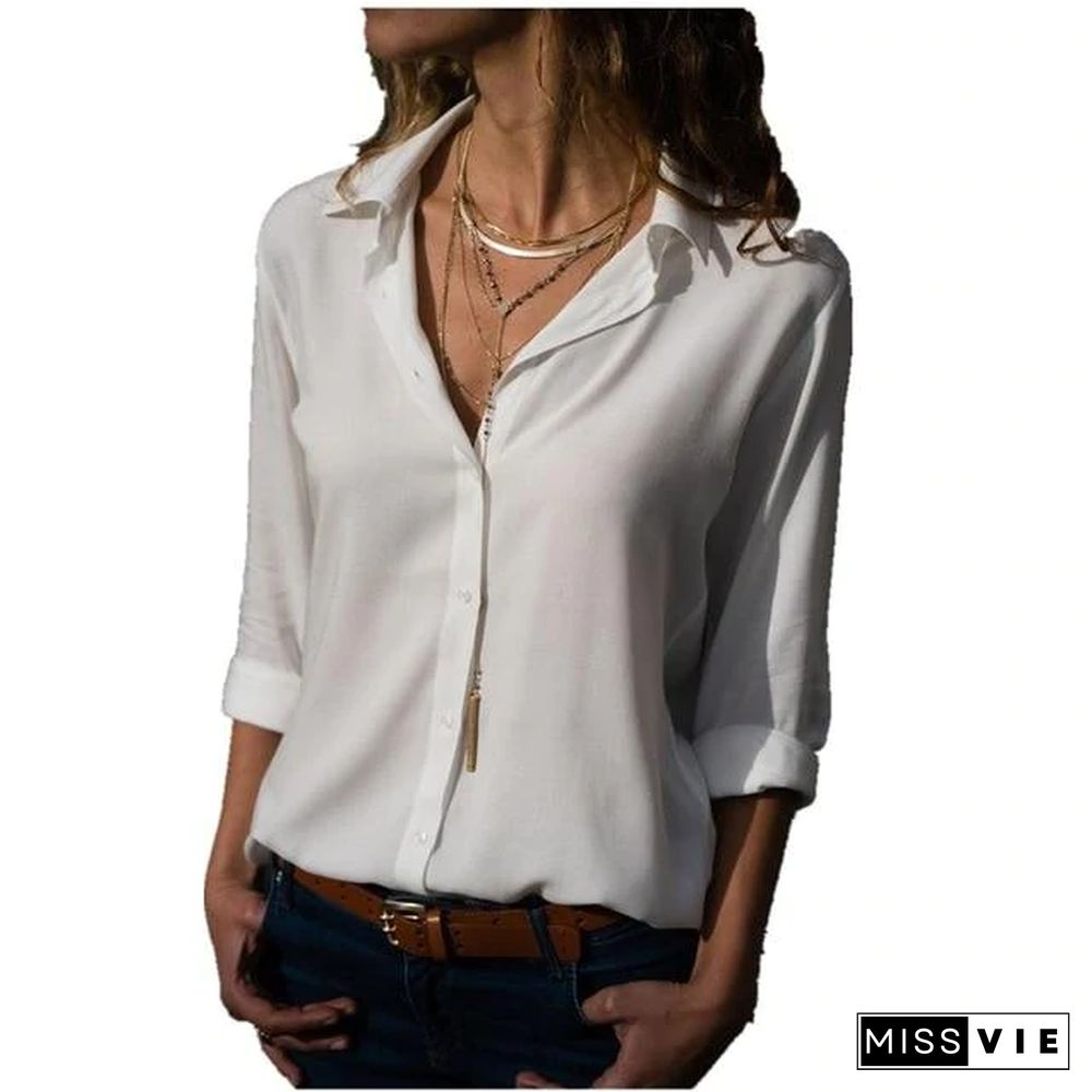 Women Elegant Long Sleeve Solid V-Neck Chiffon Tops Blouse Plus Size