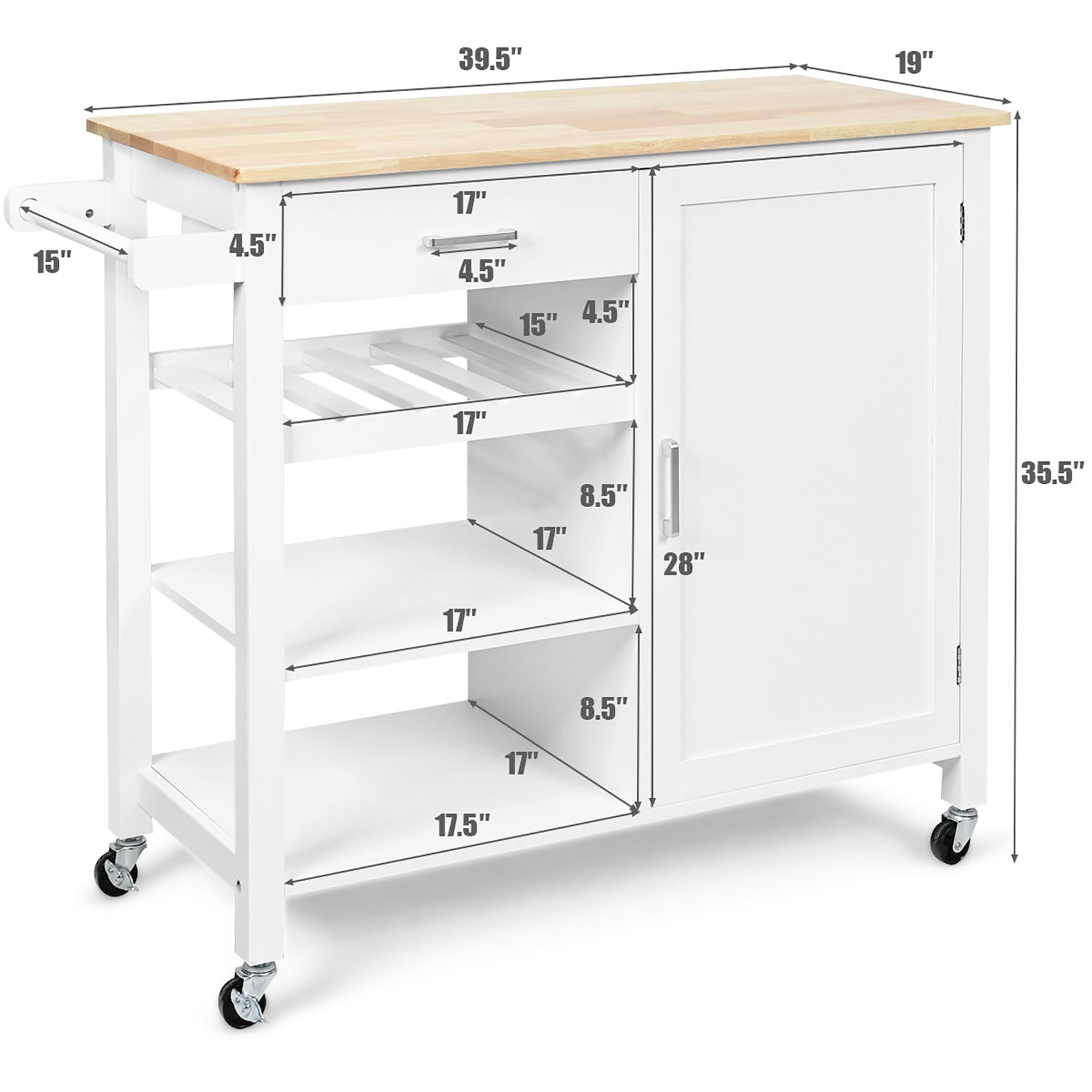 Costway 4-Tier Wood Kitchen Island Trolley Cart Storage Cabinet w/ Wine Rack White