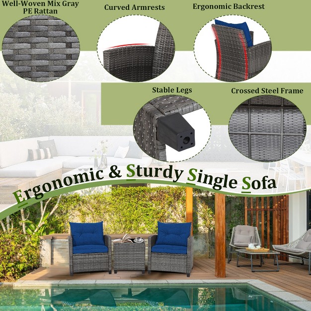 Tangkula 3pcs Patio Rattan Sofa Set Outdoor Wicker Conversation Set Glass Tabletop W Navy Cushion