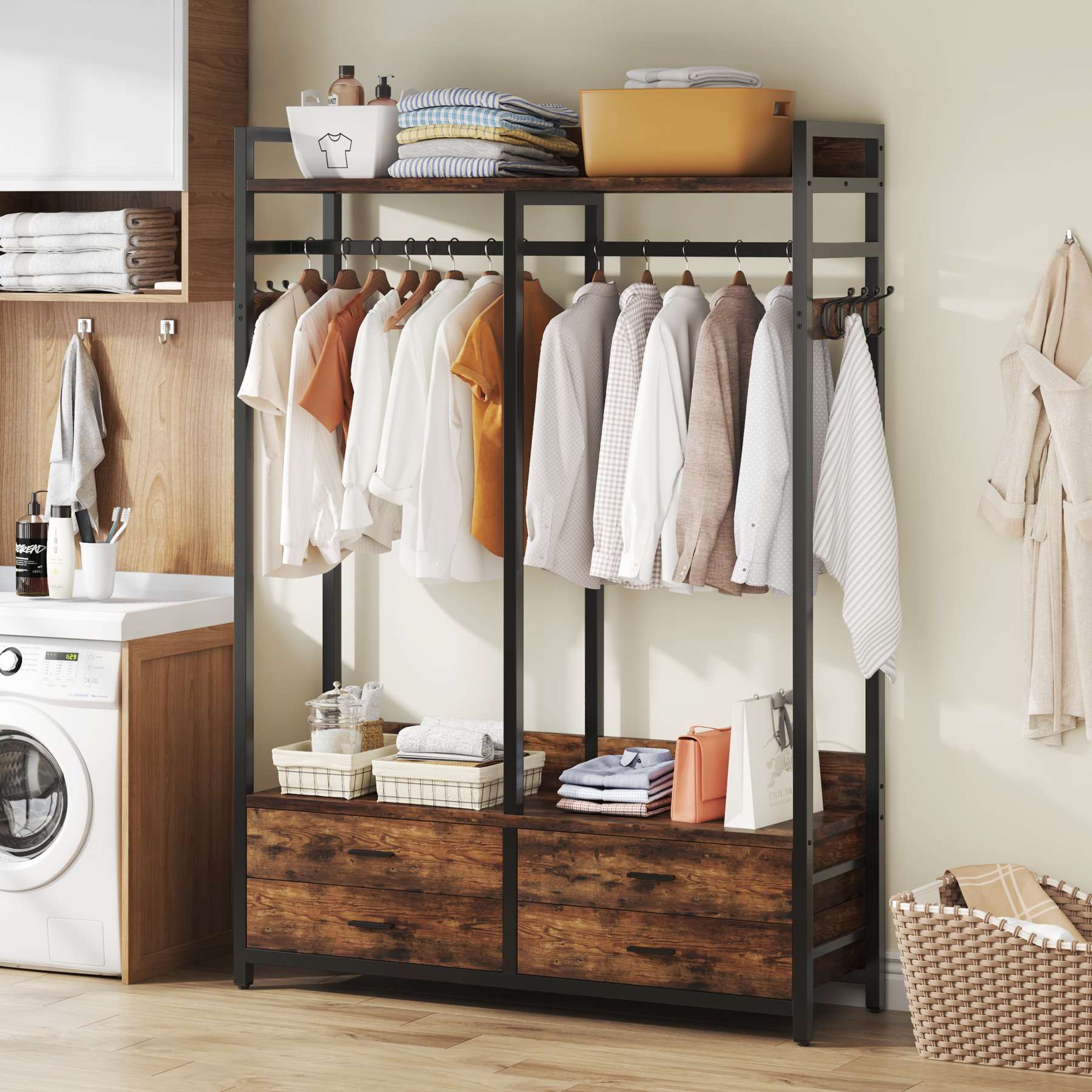 Freestanding Closet Organizer, Garment Rack with Drawers & Shelves