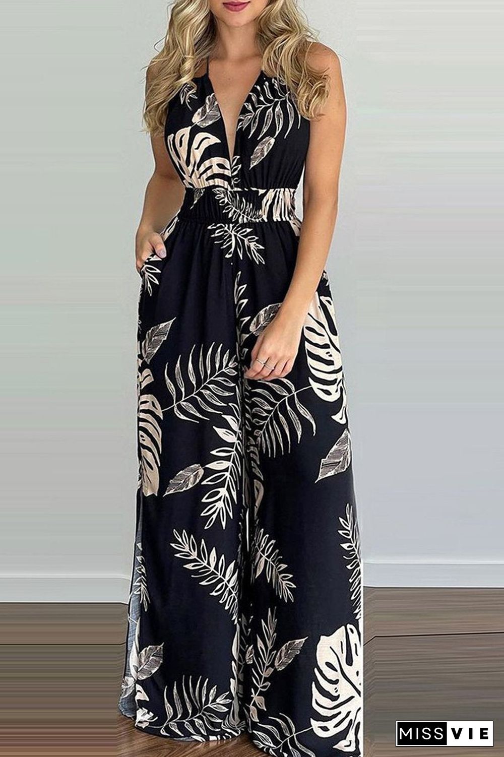 Halter Neck Plant Print Open Back Jumpsuit