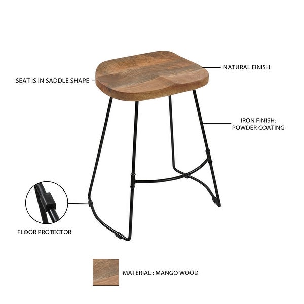 Tiva 24 Inch Handcrafted Backless Counter Height Stool， Brown Mango Wood Saddle Seat， Black Metal Base