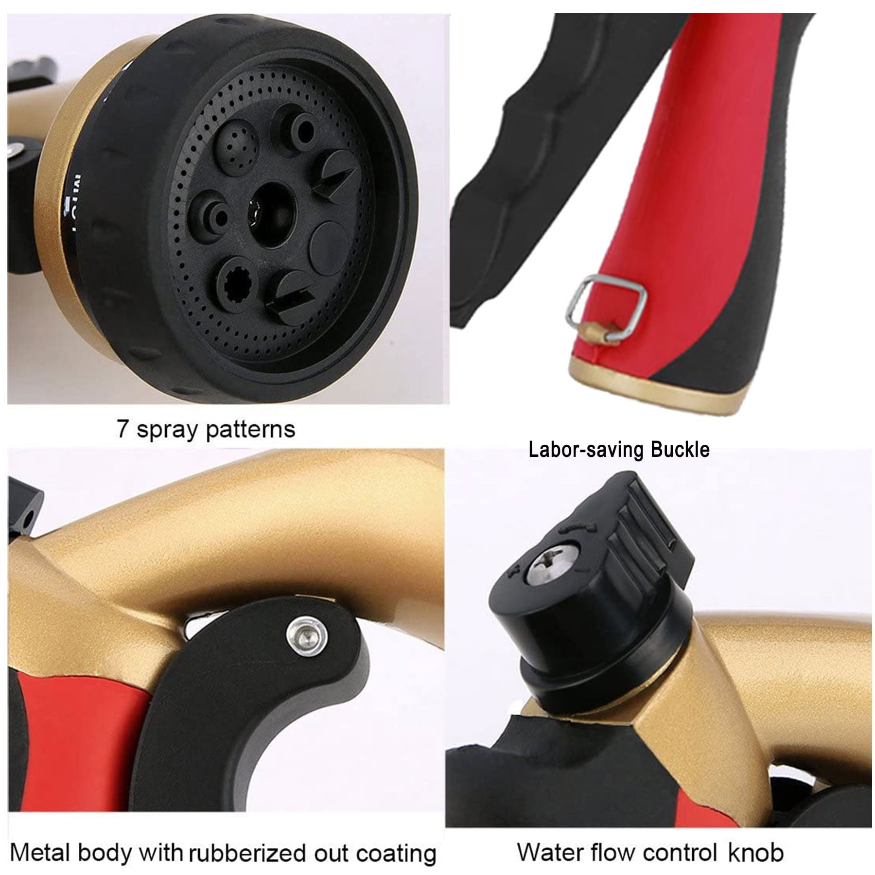 Crenova Water Sprayer 7 Patterns High Pressure Garden Hose Nozzle Full Metal Non-slip Grip Water Nozzle Sprayer Gun Adjustable， RED