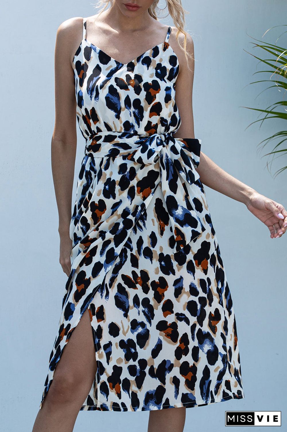 Digital Print Tie Up Halter V-Neck Midi Dress