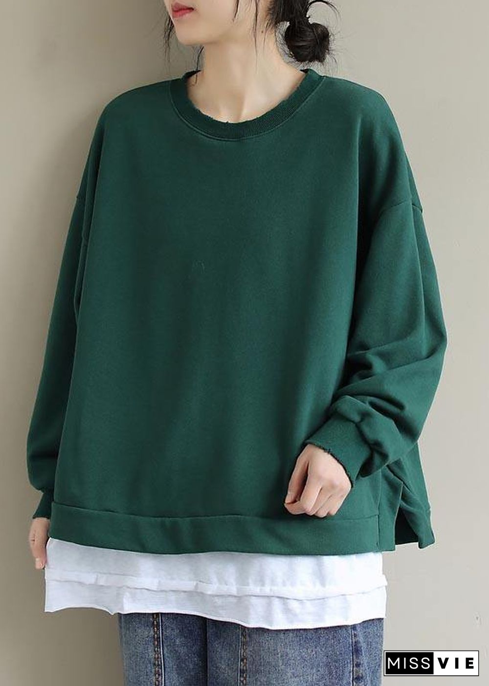 Chic Green Clothes For Women O Neck False Two Pieces Loose Spring Shirt