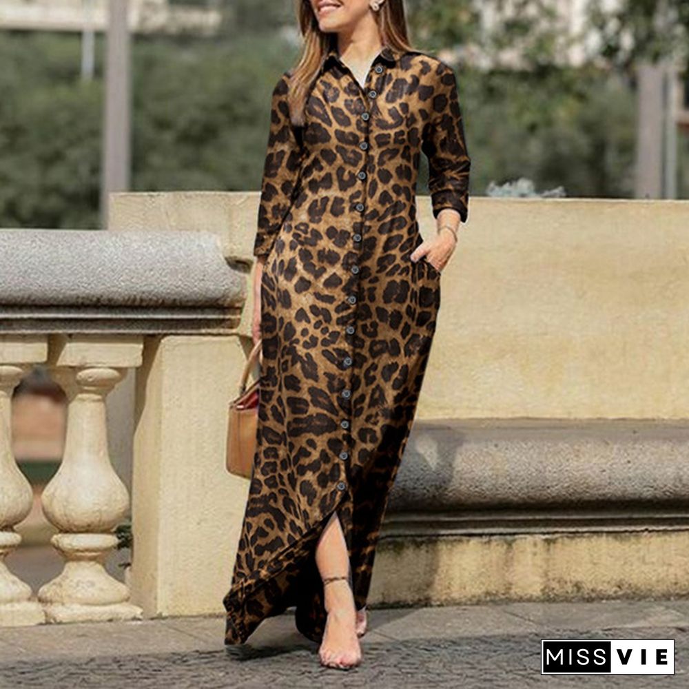 VONDA 3 Colors Women Casual Leopard Print Long Maxi Dresses Vintage Long Sleeve Button Up Lapel Collar Shirts Vestido Plus Size