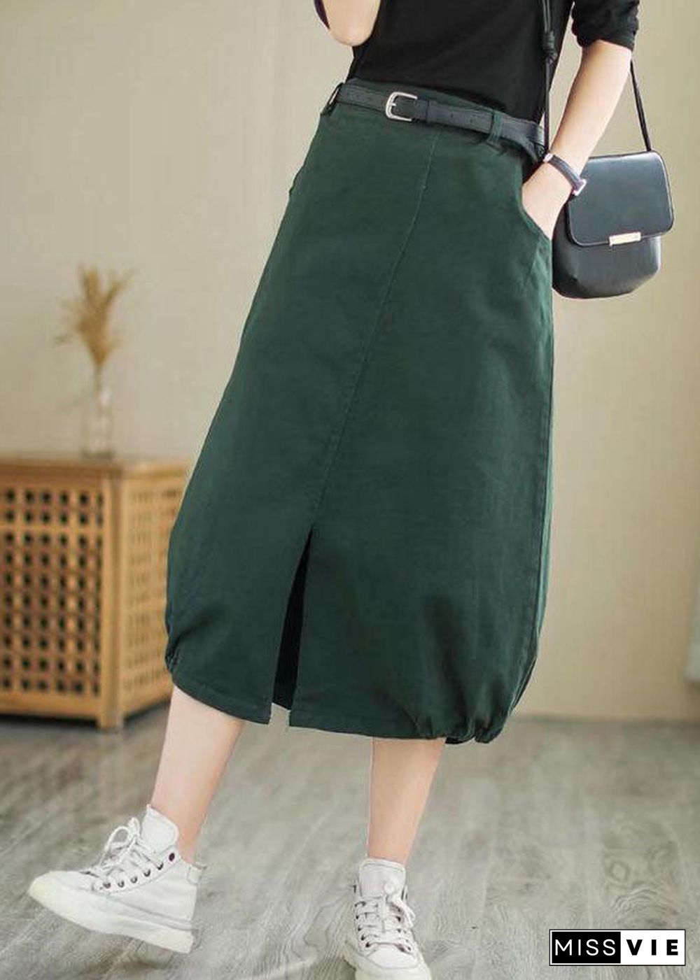 Art Army Green Pockets Cotton Loose Skirt Spring