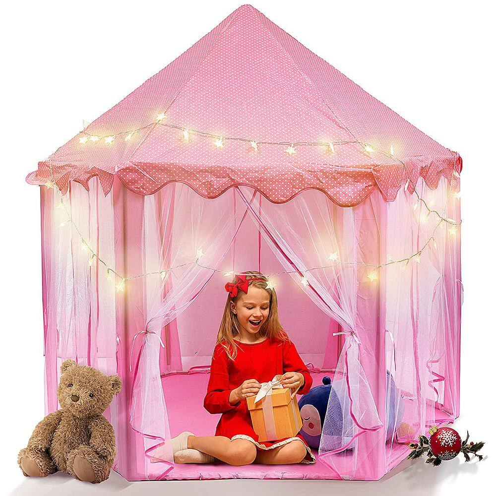 Watnature Kids Play Tent with LED Lights Princess Castle Tent Hexagon Large Playhouse Toys for Children Indoor Outdoor Games Warmtent