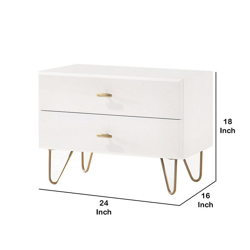 2 Drawer Wooden Nightstand with Metal Pulls and Hairpin Legs，White and Gold