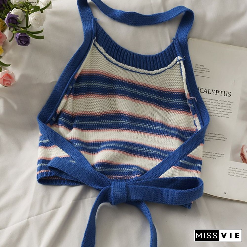 Sexy Halter Knitted Crop Tops Off Shoulder Bow Tie Tank Top Sleeveless Omighty Slim Fit Stripe Patchwork Camis For Women Hot