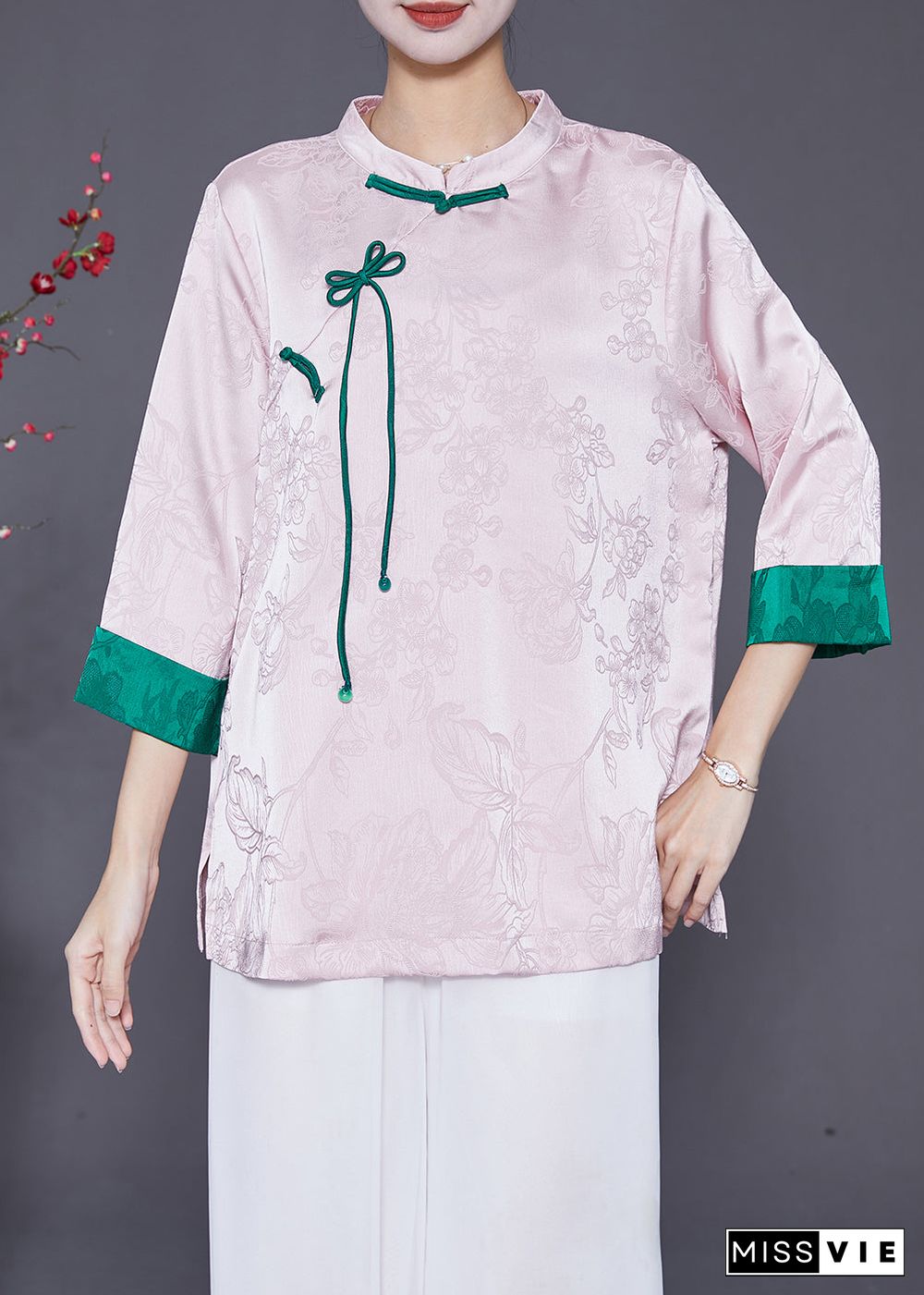 Chinese Style Pink Jacquard Patchwork Bow Silk Shirt Tops Bracelet Sleeve