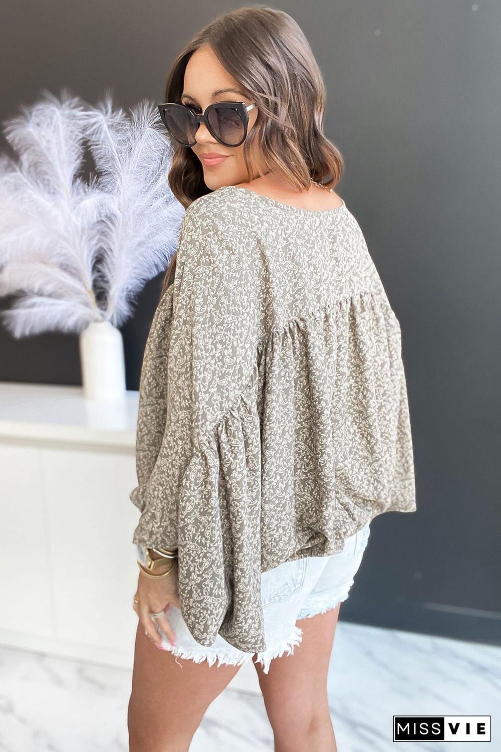 Floral Print Kimono Sleeve Ruched Blouse