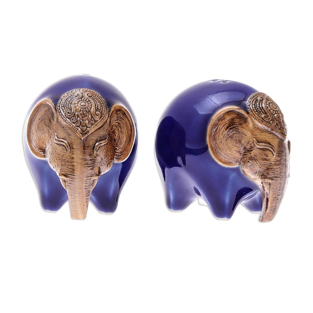 Novica Handmade Round Elephants In Blue Ceramic Salt And Pepper Shakers (Pair)