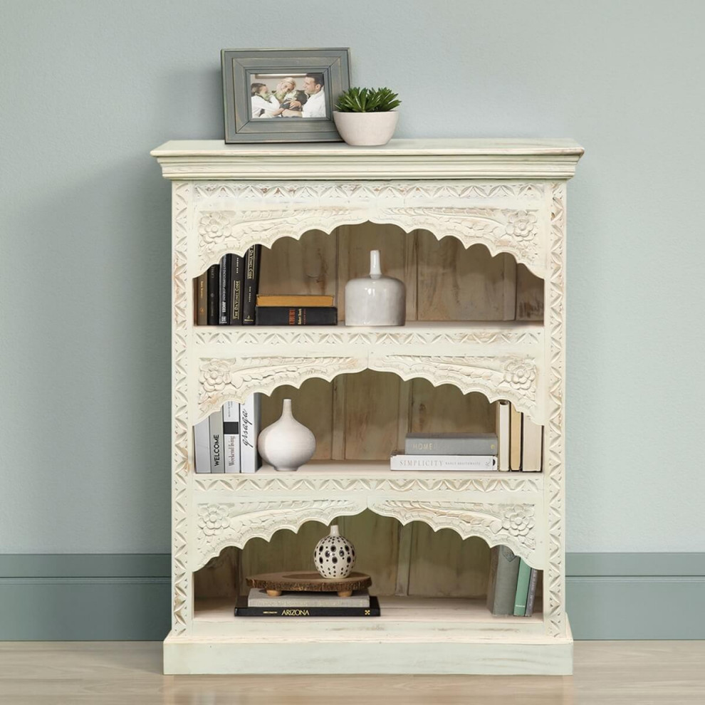 White Hand carved Solid Wood 3 Tier Bookcase   Mediterranean   Bookcases   by Sierra Living Concepts Inc  Houzz