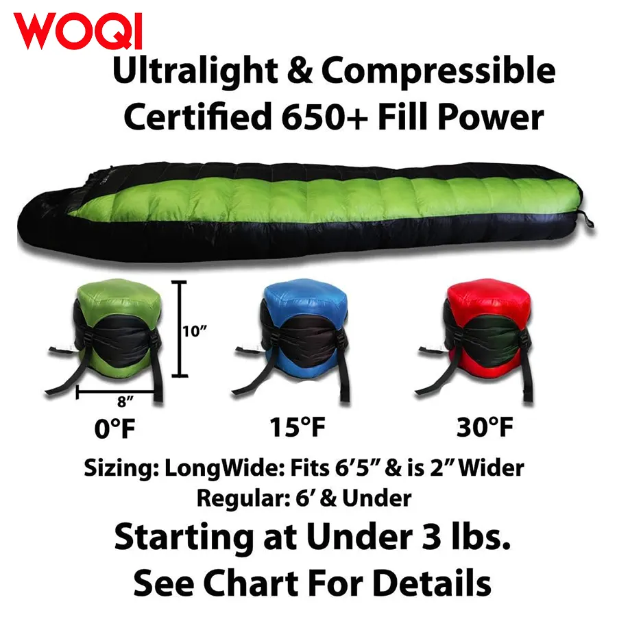 WOQI Outdoor Ultralight Backpack Mummy Down Sleeping Bag  Suitable for Hiking and Camping