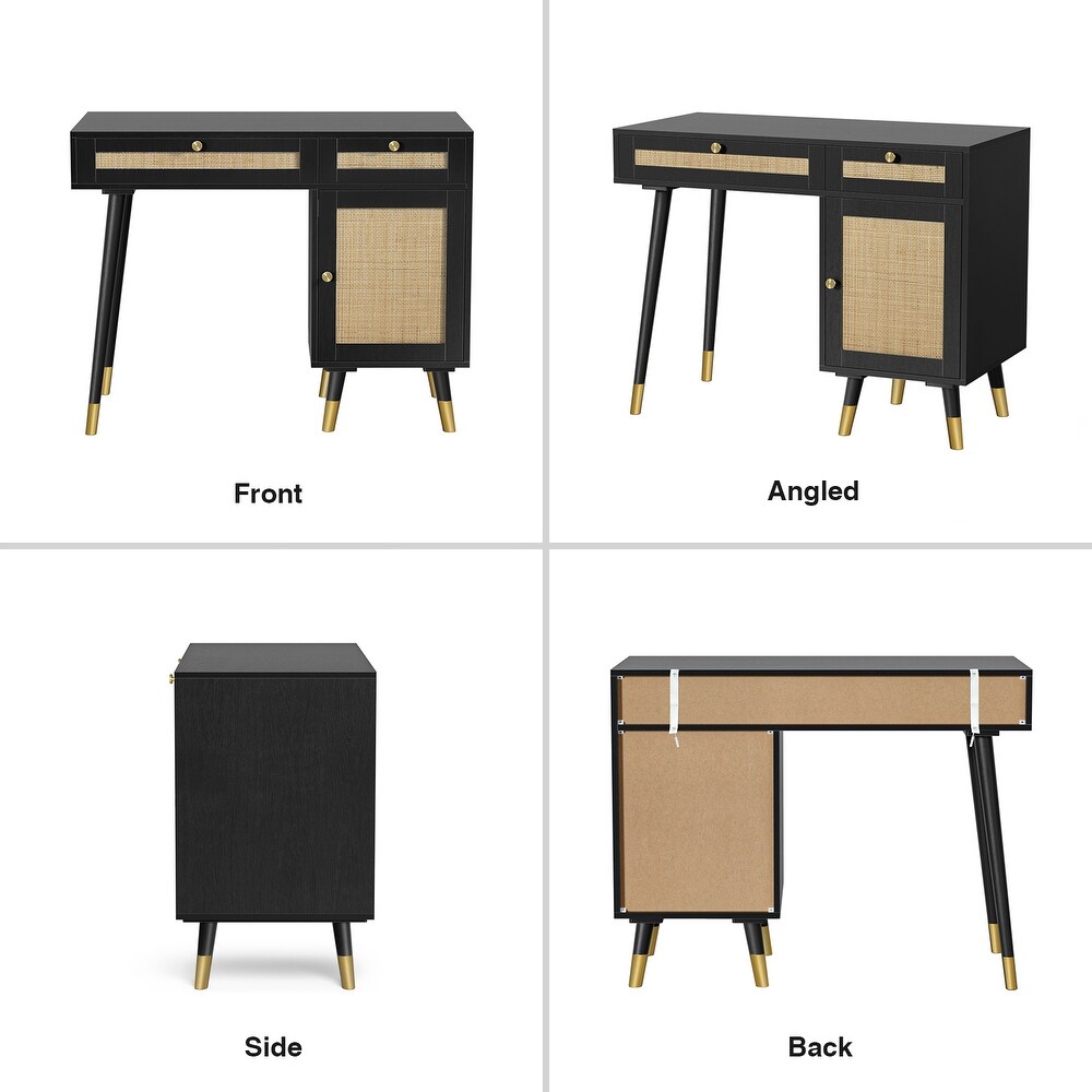 Farmhouse Rattan Computer Writing Desk   Black/Gold   39.4\