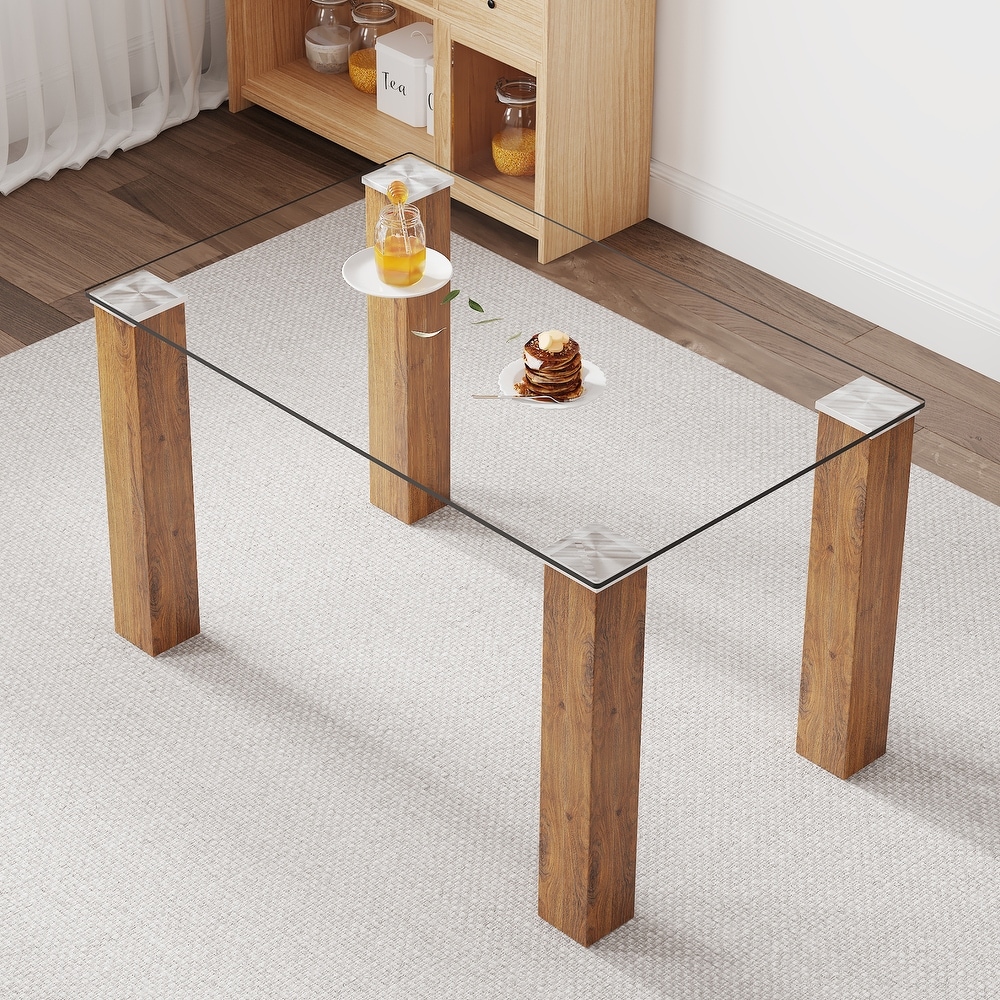 Modern Minimalist Rectangular Dining Table  Glass Desktop and Wooden MDF Legs  For Dining and living rooms