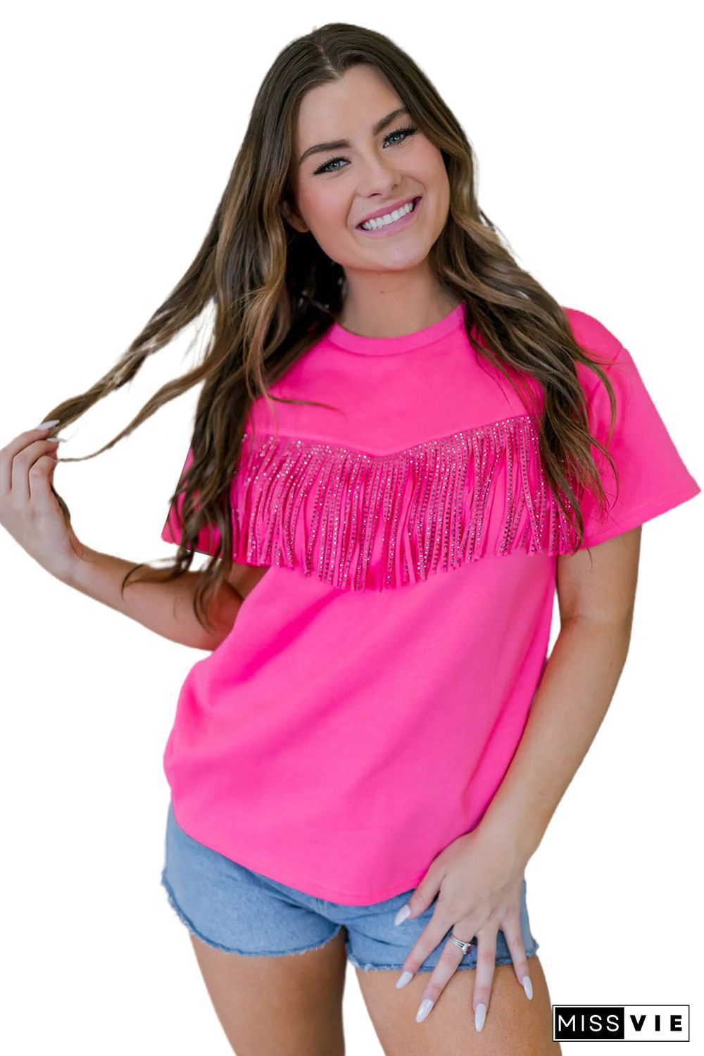 Rose Rhinestone Fringed Short Sleeve T-shirt